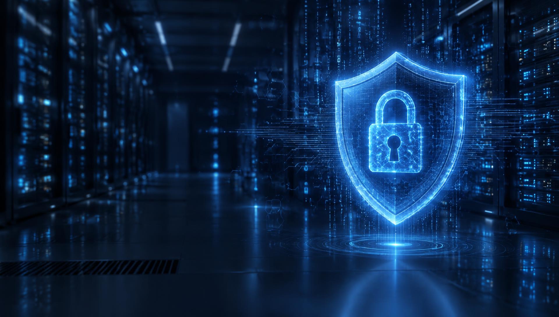 Glowing digital shield with a padlock protecting a secure data center
